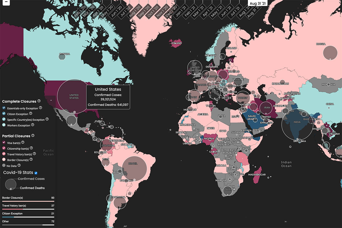 Developed by Notre Dame graduate and undergraduate students, the COVID Border Accountability Project offers the most comprehensive international COVID border closure database on the internet, including a user-friendly map visualization.