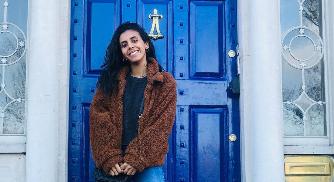 Hind Zahour in front of the O'Connell House at Notre Dame's Dublin Global Gateway, on the last day of her study abroad semester. Hind Zahour in front of the O'Connell House at Notre Dame's Dublin Global Gateway, on the last day o